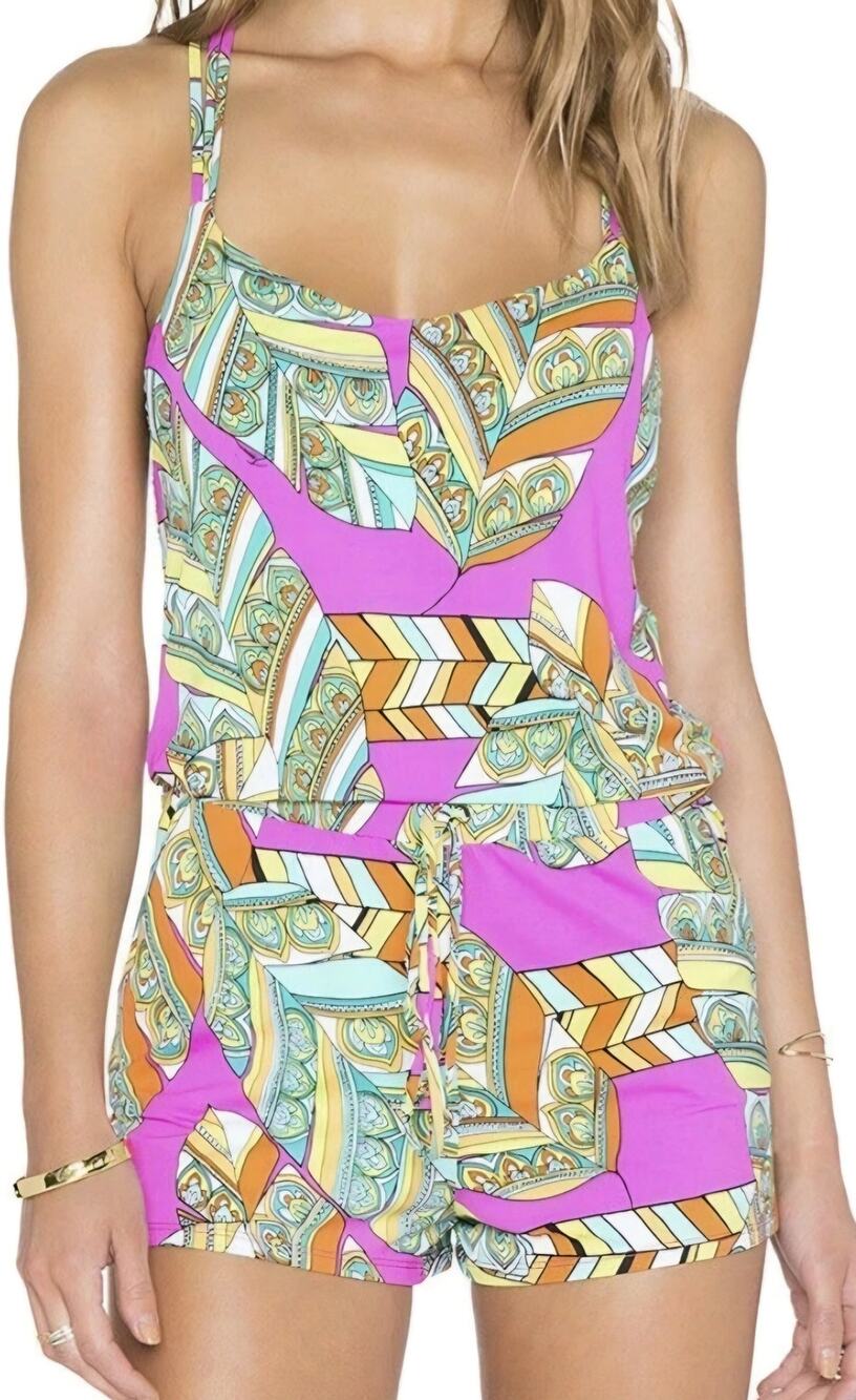 Trina Turk Tuvalu Romper Swim Cover Up Pink Turquoise Geometric Sz S Small